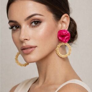 Chic Gold and Pink Floral Hoop Earrings
